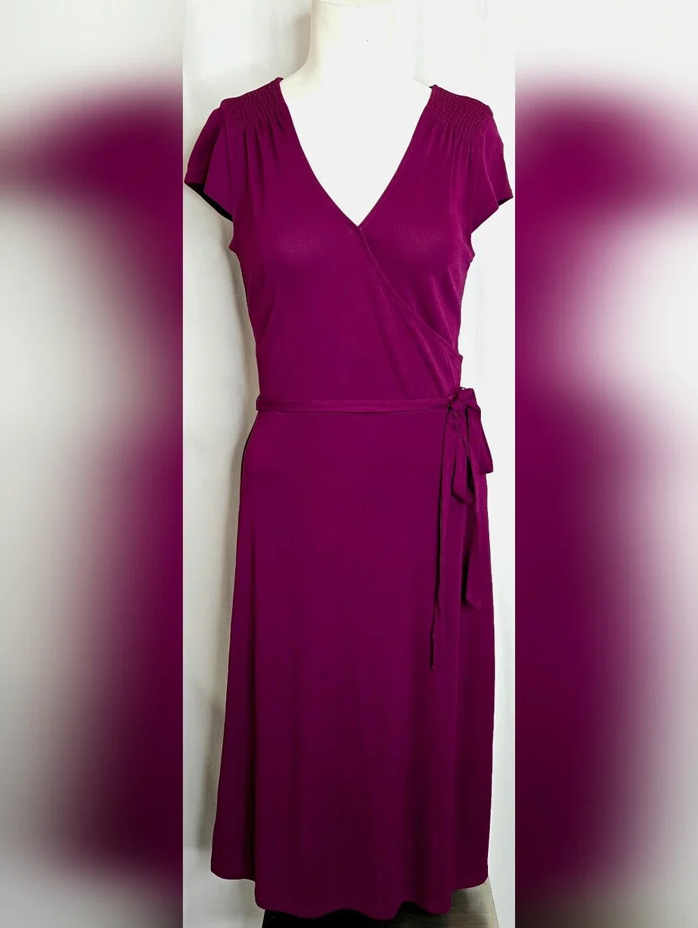 Ann Taylor LOFT Magenta/Purple Smocked Faux Wrap Midi Dress Size 4 NWOT
